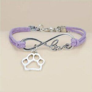 NWT Paw Dog Cat Animal Lover Love Heart Infinity Bracelet Purple Cord Silvery 9"